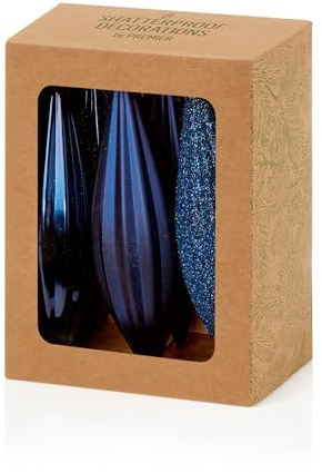 Premier Decorations Set of 6 Modern Midnight Blue Glass & Plastic Christmas Tree Hanging Baubles - 11cm