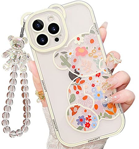 IAIYOXI for iPhone 16 Pro Max Case with Cute Flowers Bear Pattern, Camera Protector, Clear Phone Case and Lovely Strap Bracelet Chain, Compatible for iPhone 16 Pro Max for Girls Women (Clear)