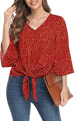 TIANZHU Women's Button V Neck Chiffon Tops 3/4 Bell Sleeve Tie Knot Casual Blouses Loose Summer Shirts, Floral red,Large