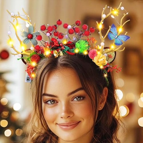 Jovono Leuchtendes Weihnachts-Rentiergeweih-Stirnband, Weihnachts-LED-Geweih-Kopfbedeckung, Blumen-Haarreif, Kostüm, Festival-Haar-Accessoires für Frauen (Schmetterling)
