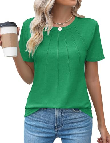 Zeagoo Camisetas Manga Corta Mujer Verano Cuello Redondo Blusas Verano Plisado Camiseta Elegantes Informales T-Shirt Verde M
