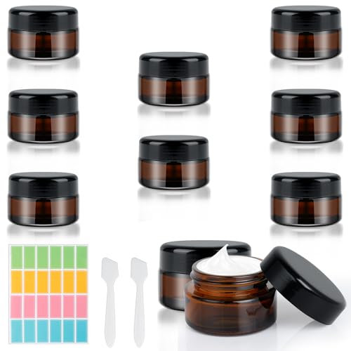 AiQInu 8 Pièces Contenant Voyage 20ml, Petit Pots Vide Cosmétiques Transparent Jaune-brun, Pot Verre avec 2 Spatule et 24 Étiquette, Pots Cosmétiques Vide