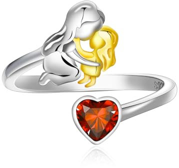 Qings Januar Granat Geburtsstein Ring mit Mama Töchter Design 925 Sterling Silber Mutter und Tochter Herz Zirkonia Ring