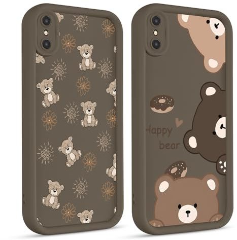 Phoona 2 Stück Handyhülle für iPhone X/XS Hülle 5.8, Aesthetic Muster Design Weiche TPU Silikon Schutzhülle Kratzfeste Stoßfest Kameraschutz Bumper Case für Mädchen, Khaki niedlicher Bär