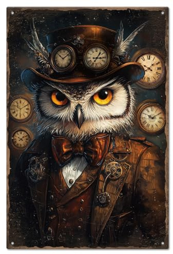 GLOBLELAND Vintage Metall Blechschild Steampunk-Tiere Metallschilder Lustig 30x20cm Eule Nostalgic-Art Retro Blechschild Fur Wohnzimmer Arbeitszimmer Bücherecke Café Hobbykeller Flur