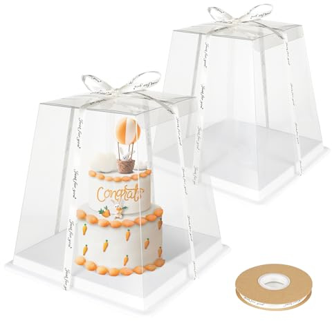 YEYONG 2 Stück Transparente Tortenbox 23.5x23.5x20.5cm Tortenbehälter Hoch mit Band, Tortenkarton Kuchenbehälter Geschenkbox Transparent Cake Box 6 Zoll