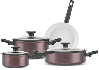 Karaca Ceramica Iconic Bronze, 7-teiliges Topf und Pfannenset, Antihaft Induktions Kochgeschirr Set, Langlebig, Spülmaschinenfeste Keramik Töpfe & Pfannen