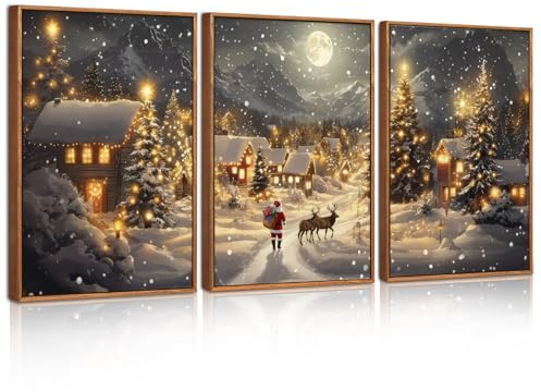 CHDITB 3 Stück Frohe Weihnachten Bilder mit Rahmen,Heiligabend Schneeszene Leinwand Wandkunst, Weihnachtsmann und Rentier Winter Weihnachten Wandbild,Weihnachts Wanddeko für Wohnzimmer,30x40cm