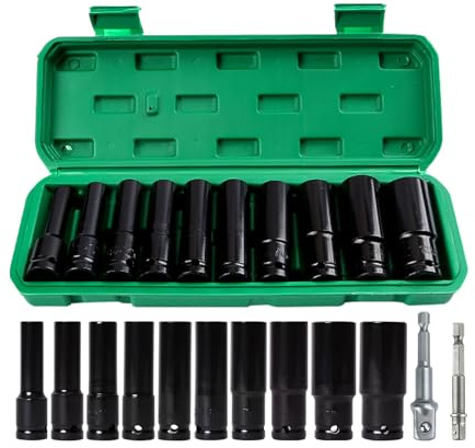 12 Pcs Deep Impact 1/2 Socket Set, 10-24mm Hex Long Socket Set with Adapter & Storage Box for Home Car Repair(Black)