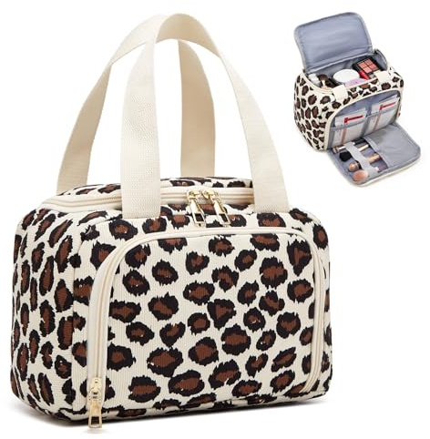 Funtlend Kulturtasche Damen aus Cord,Kosmetiktasche Organizer mit Weit öffnendem Design & 6L Stauraum,mit Pinselfach & Aufhängegriff, Waschbar (Leo)