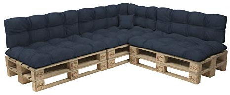 POKAR Palettenkissen 8er Set: 3X Sitzkissen 120x80 + 3X Rückenkissen 120x40 + Seitenkissen + Dekokissen | Gesteppte Palettenauflage für Loungemöbel | Oeko-TEX | Made in EU | Dunkelblau