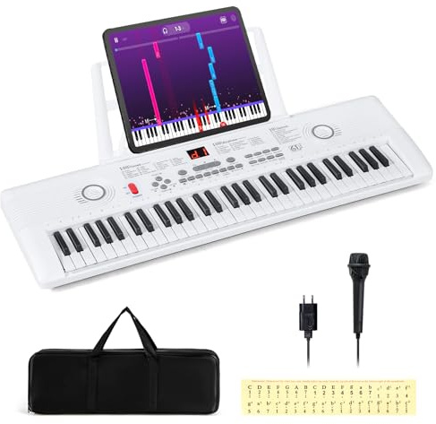 COSTWAY Keyboard Piano 61 Tasten, Digital Piano mit Ständer & Mikrofon & Tragetasche, E-Piano für Einsteiger, Klavier für Kinder Jungen (Weiß)