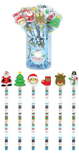 Henbrandt Packung mit 24 Weihnachtsbleistifte mit Radiergummis Topper - Weihnachtsstrumpf Füller