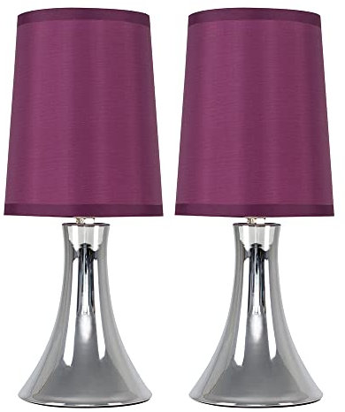 MiniSun | Small Modern Chrome Trumpet Touch Table Lamps with Purple Fabric Shades | Table Lamps, Home Décor & Improvement Essential | Set of 2
