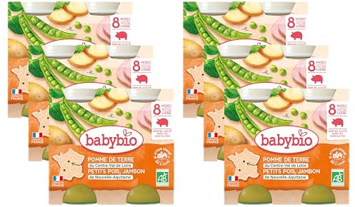 Babybio - Petits Pots - Pomme de terre Petits pois Jambon - 2x200g - Lot de 6 - 8+ Mois – BIO