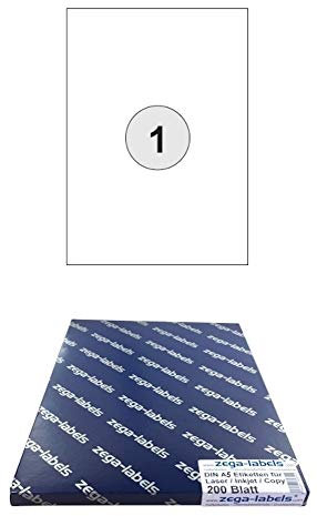 200 Etiketten 210 x 148 mm selbstklebend einzeln = DIN A5 Bögen (1x1 Etikett DIN A5) - 200 Blatt Pack - Universell für Laser/Inkjet/Kopierer einsetzbar - Adressetiketten 148 x 210 mm einzeln