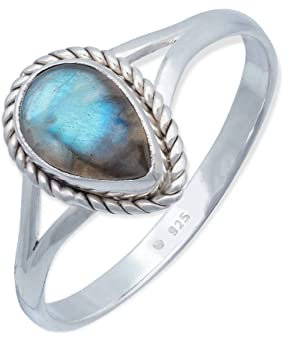 mantraroma Damen Ring Silber mit Stein Labradorit Edelstein blau dezent verspielt