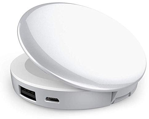 Power Bank Handheld Mini Round Led Mirror 1X/3X Magnifying Lighted, Portable LED Compact Travel Makeup Mirror for Charges iPhones/IPads/Android,White