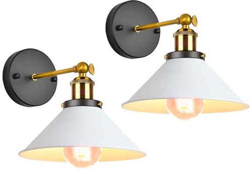 iDEGU 2 Stück Industriell Wandleuchte, E27 Vinatge Lampe im Edison-Stil Metall Lampenschirm 240° Verstellbare Wandlampe für Schlafzimmer Wohnzimmer Bar, 220 mm,Weiß