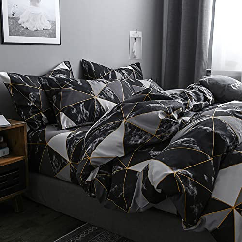 Omela Bettwäsche Marmor 135x200 Schwarz Weiß Marmor Optik Bettbezug 2 Teilig Microfaser Geometrisch Muster Modern Wendebettwäsche mit Reißverschluss und Kissenbezug 80x80 cm