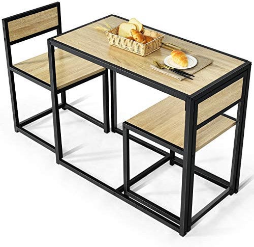 COSTWAY Bartisch Set 3-teilig, Esstisch mit 2 Stühlen, Kleine Essgruppe mit Metallgestell, Küchenbar Sitzgruppe, Küchentisch Stehtisch Holz, Bistrotisch für Küche, Esszimmer und Bistro (Natur)