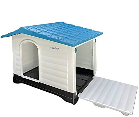 HugglePets Plastic Dog Kennel With Ramp Door - Easy Clean Pet House Outdoor Weatherproof Animal Shelter (Blue Roof)