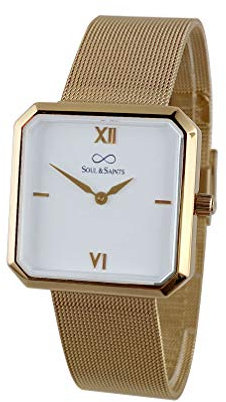 Soul & Saints Premium Damenuhr Edelstahl Elegante Armbanduhr quadratisch rechteckig Damen Uhr eckig mesh Armband Edelstahl Swiss Uhrwerk Saphire Glas Kratzfest 3m 3ATM Wasserfest - Mary (Gold)