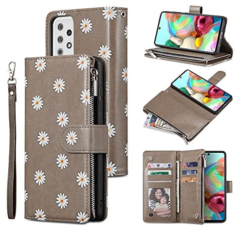 QLTYPRI Hülle für Samsung Galaxy A52/A52S 5G, Ledertasche mit großem Fassungsvermögen 6 Kartenhalter & 1 Reißverschlusstasche Ständer Gänseblümchen Muster Schutzhülle für Samsung A52/A52S 5G - Grau