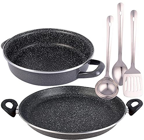 Magefesa K2 GRANSASSO set: Paellera Ø34 y Tartera Ø24 cms, en acero esmaltado vitrificado, en gris, inducción y lavavajillas, y juego de 3 Utensilios de cocina en acero inoxidable
