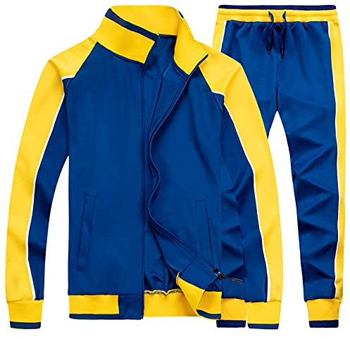 amropi Tute da Ginnastica Uomo Maniche Lunghe Felpa con Cerniera e Jogging Pantaloni Sportiva Set Blu Giallo,S