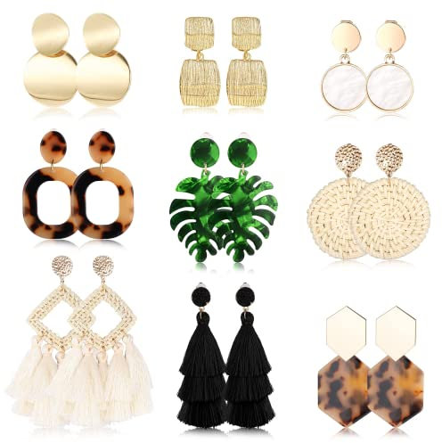 Finrezio 9 Paar Clip-Ohrringe für Frauen, Rattan, Kunstharz, Acryl, Tropfen-Ohrringe, leicht, geometrisch, Rattan, Quaste, Tropfen-Ohrringe, Schmuck, Acryl, Rattan, Kein Edelstein
