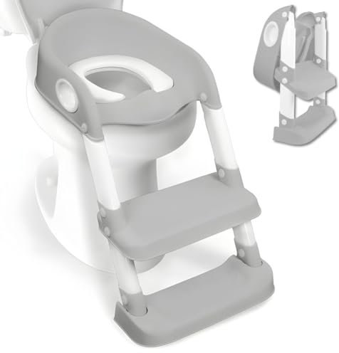 Mobiclinic® Adjustable Potty Ladder Seat for Toilet Training with Steps, Lala Model, Toddler Toilet Seat, Spanish Brand, Non-Slip, Foldable, Training Seats for Boys and Girls, Grey and White