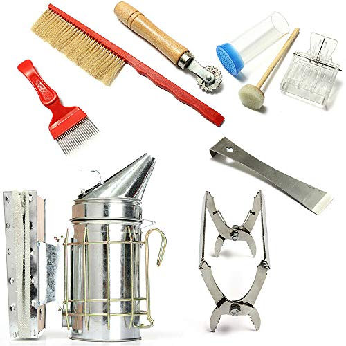 Edelstahl Beekeeper Imker Smoker Imker Set Premium Edelstahl-Smoker, Bienenbesen, Multifunktionswerkzeug/Stockmeißel, Rauchstoff und Bio-Anzünder-Einsteiger-Set
