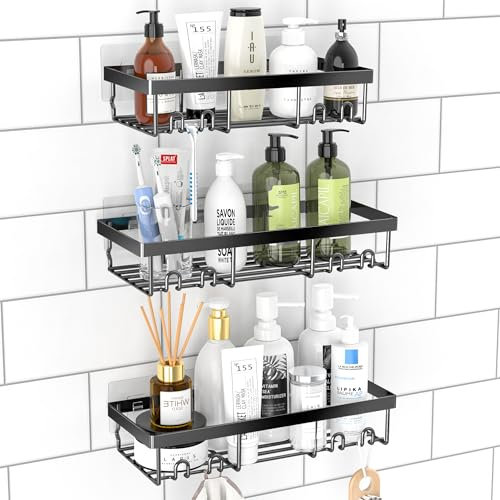 DIFULI Lot de 2 étagères de douche sans perçage Noir avec 4 crochets, étagère de douche en acier inoxydable sans perçage, paniers de douche et étagères de douche