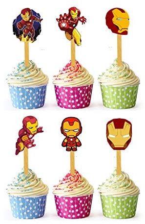24x Metal Hero Cupcake Toppers – Strong Picks Happy Birthday Décor, Cupcake Decorations for Kids' Birthdays