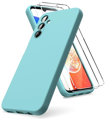 Vansdon Funda Compatible con Samsung Galaxy A14 4G/5G, 2 Unidades Protector Pantalla Cristal Templado, Silicona Líquida Gel Ultra Suave Funda- Azul Claro
