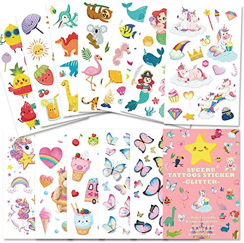 Sugeru 100+ Tattoo Kinder Hautfreundlich,Glitzer Tattoos Aufkleben Sticker Kids Kinder Mädchen,Mitgebsel Kindergeburtstag - Pflanzenextrakt-Farbe (Glänzend-Mix A)