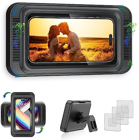 TOCHIO Upgraded Shower Phone Mount Waterproof with Speaker Hole Touch Screen Shower Phone Stand Holder for Bathroom Bathtub Kitchen Wall Mirror for iPhone 16 15 14 13 12 11 Pro XS XR Max (Black)