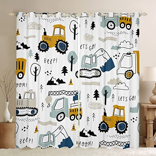 Loussiesd Cartoon Car Kids Curtains for Bedroom Living Room Construction Darkening Dreapes Equipment Trucks Comter Cartoon Car Excavator Tractor White Yellow Window Treatments (2 Panels,117x183cm)
