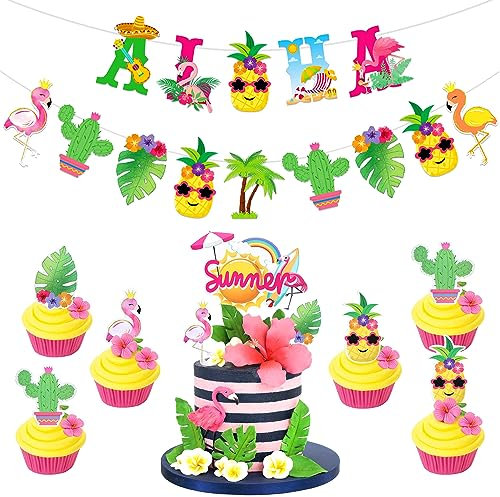 Regendeko Aloha Sommer Flamingo Ananas Girlande Kuchen Deko Kaktus Tropical Hawaii deko Tortendeko Cupcake Deko Cocktailparty Deko Geburtstagskuchen Deko