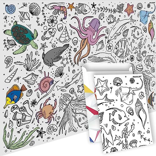 PACKLIST® Papier-Tischdecke Ozean zum Ausmalen, Meerestiere Tischdecke, Ausmalbilder Meer Kinder, Strand Geschenk Kinder, Basteln Unterwasserwelt, Mal Mich Bunt XXL!