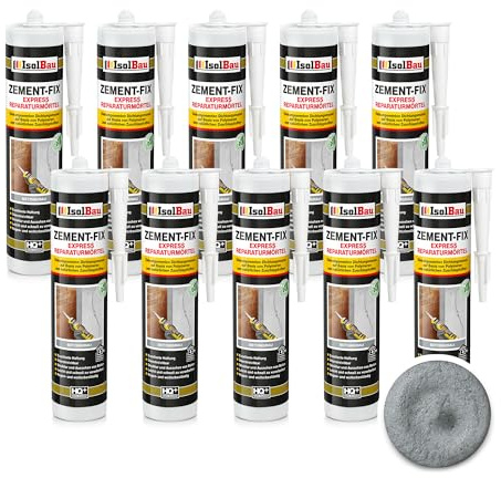 Isolbau Zement-Fix 10 x 300 ml Betongrau Express Reperaturmörtel - Dichtungsmasse für Fugen & Risse im Innen- & Außenbereich, Kartusche