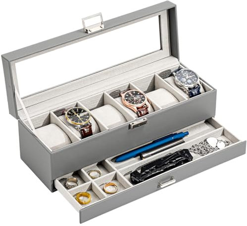 ProCase Scatola per orologi con 6 scomparti, con coperchio in vetro, 2 livelli, con cuscino rimovibile, per gioielli, anelli, bracciali e collane, colore grigio