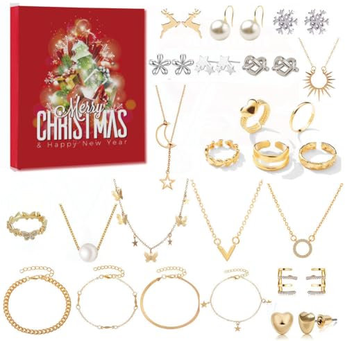 Adventskalender 2023 für Mädchen Frauen Damen Weinachtskalender Adventskalender Schmuck 24 Tage Weihnachtskalender Charm Armband Halskette Ringe Ohrringe Set Geschenke für Mädchen (B)