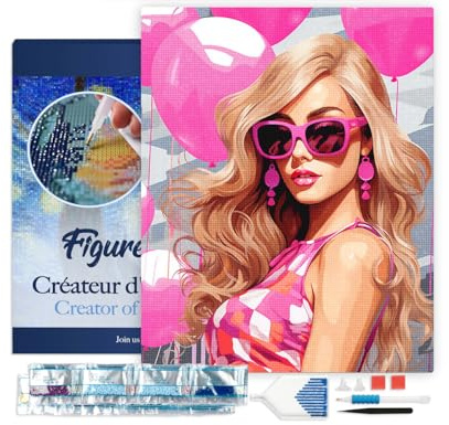 Figured'Art Diamond Painting Erwachsene 40x50cm Mit Rahmen Ganze Leinwand gespannt Rosa Ballons und die Diva 5D Bilder Eckige Steine - DIY Set Basteln