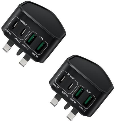 2-Pack USB C Plug, 40W 4-Port Fast Charger Plug for iPhone 15 14 13 12 11 Pro Max SE XS XR, iPad, Samsung, Tablet, Dual Port USBC Power Adaptor Type C Charging Plug Multi USB Plug UK Wall Head Charge
