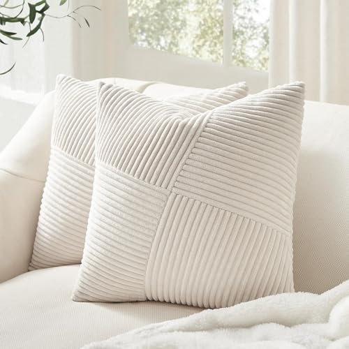 Topfinel Kissenbezug 40x40 Creme Kordsamt 2er Set Windmühle Streifen Muster Kissenbezüge Kissenhülle Sofakissen Dekokissen Couchkissen Zierkissenbezug Patchwork Design Deko Wohnzimmer Büro Hotel