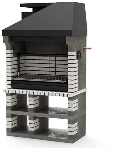 Holzkohle Grillkamin Havanna Schnellbausatz mit Edelstahl V-Grillrost & Aschekasten perfekte Außenküche mit Feuerkasten auch für Stückholz geeignet (Luna Grau, Grill Maxirost)