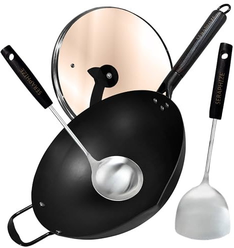 Seraphize Wok with Lid 34cm | Nitriding Technology Carbon Steel Frying Pan with Spoon, Spatula & Pan Lid, Frying Pan with Lid, Induction Hob Wok, Beach Wooden Handle, Stainless Steel (3, 34 CM)