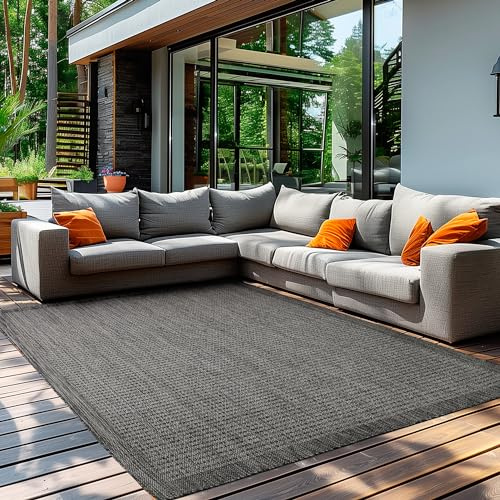 Teppium Modern Outdoor Teppich Wetterfest 300x400 (280 x 370 cm) Schwarz- Flachgewebe Sisaloptik Balkon Teppich Wasserfest - Waschbarer Teppich für Garten, Terrasse, Camping und Küche